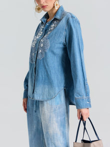 Embroidered Lace Denim Shirt - Social Queen