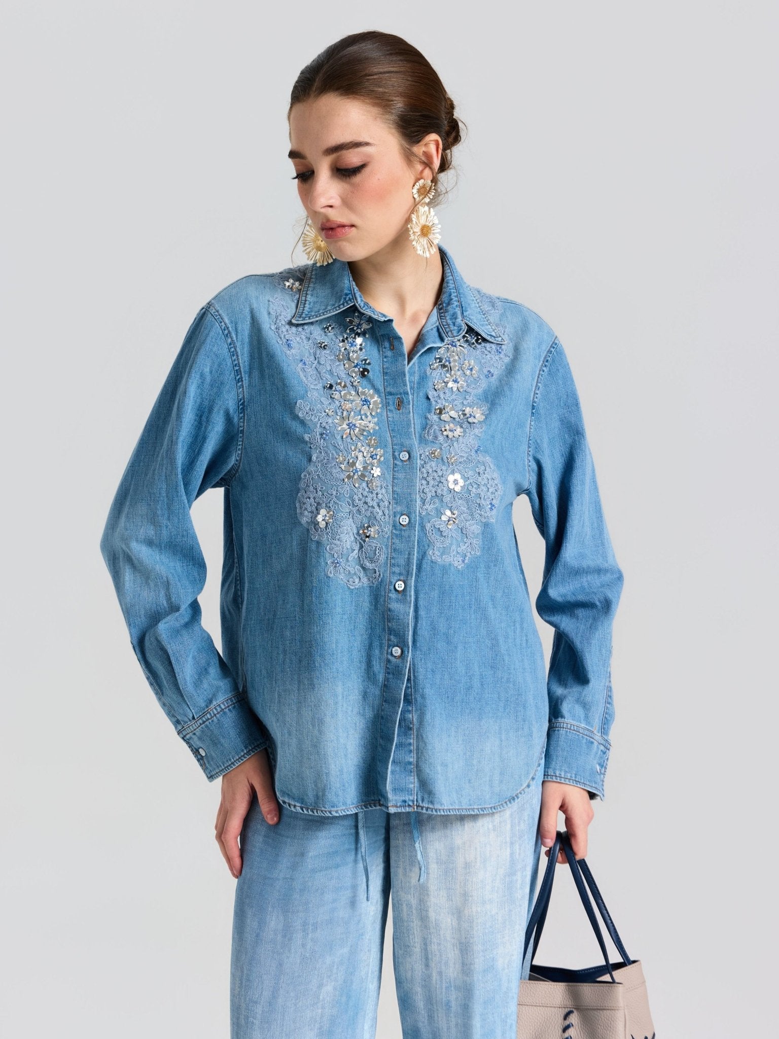 Embroidered Lace Denim Shirt - Social Queen