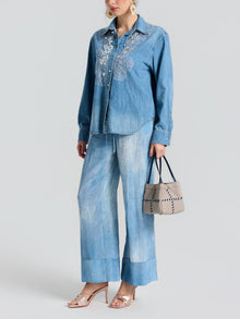 Embroidered Lace Denim Shirt - Social Queen
