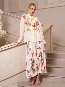 Embroidered Pleated A - Line Skirt - Social Queen