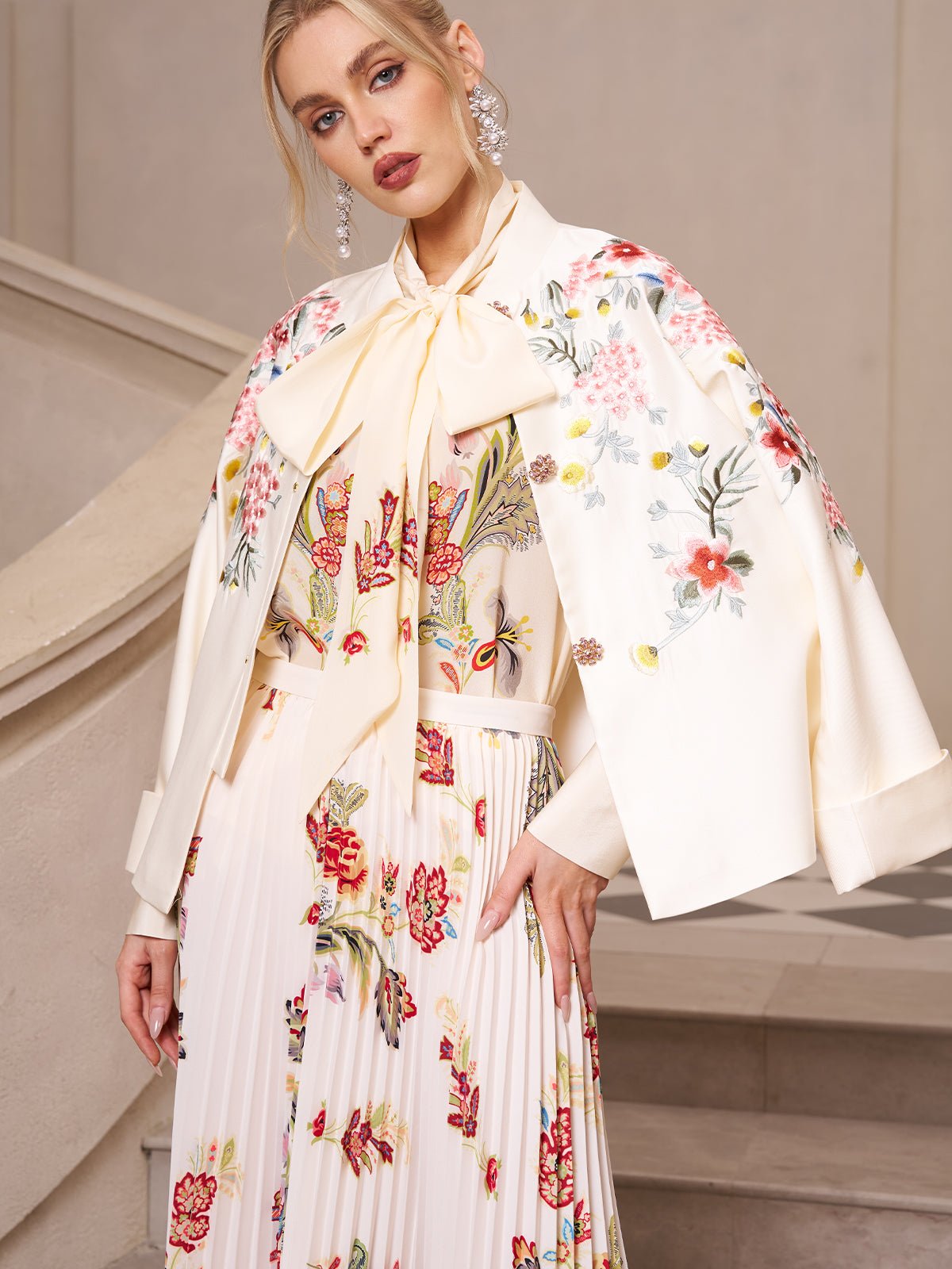 Embroidered Pleated A - Line Skirt - Social Queen