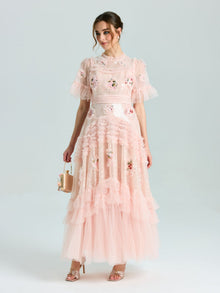 Embroidered Ruffle Tiered Tulle Dress - Social Queen
