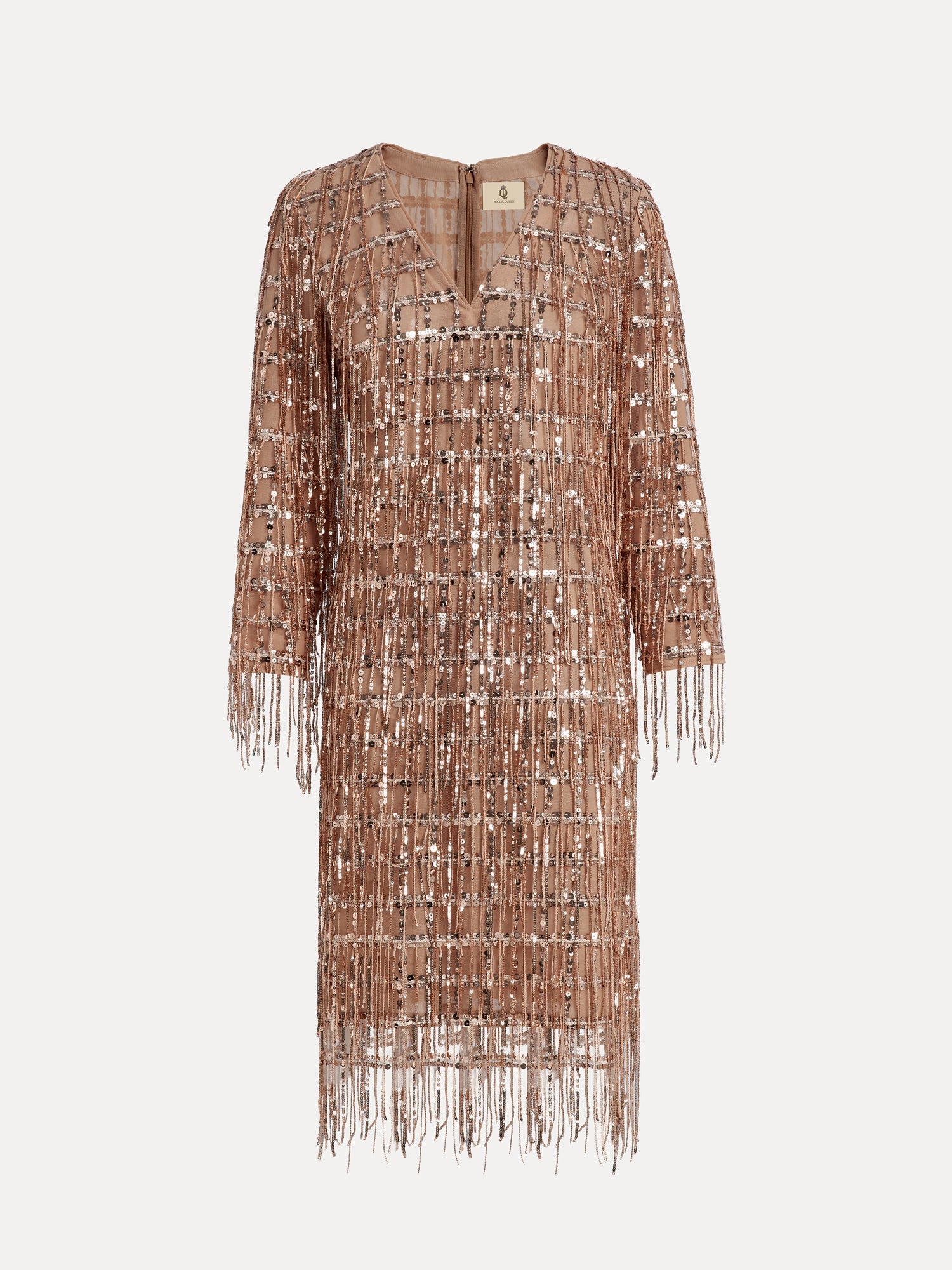 The Social Queen Embroidered Sequin Tassel Mini Dress in blush features hand-embroidered sequins, long sleeves, a mesh overlay, and fringe details, shown knee-length against a plain white background.