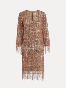 The Social Queen Embroidered Sequin Tassel Mini Dress in blush features hand-embroidered sequins, long sleeves, a mesh overlay, and fringe details, shown knee-length against a plain white background.