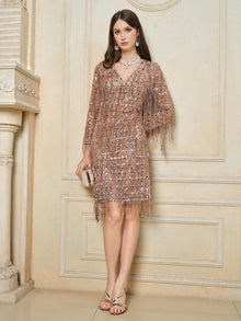 A woman stands indoors wearing the Social Queen Embroidered Sequin Tassel Mini Dress, accessorized with a small clutch and strappy heels.