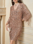 A woman wears the Social Queen Embroidered Sequin Tassel Mini Dress—knee-length, rose gold with hand-embroidered sequins—and holds a matching clutch; her face is partially out of frame.