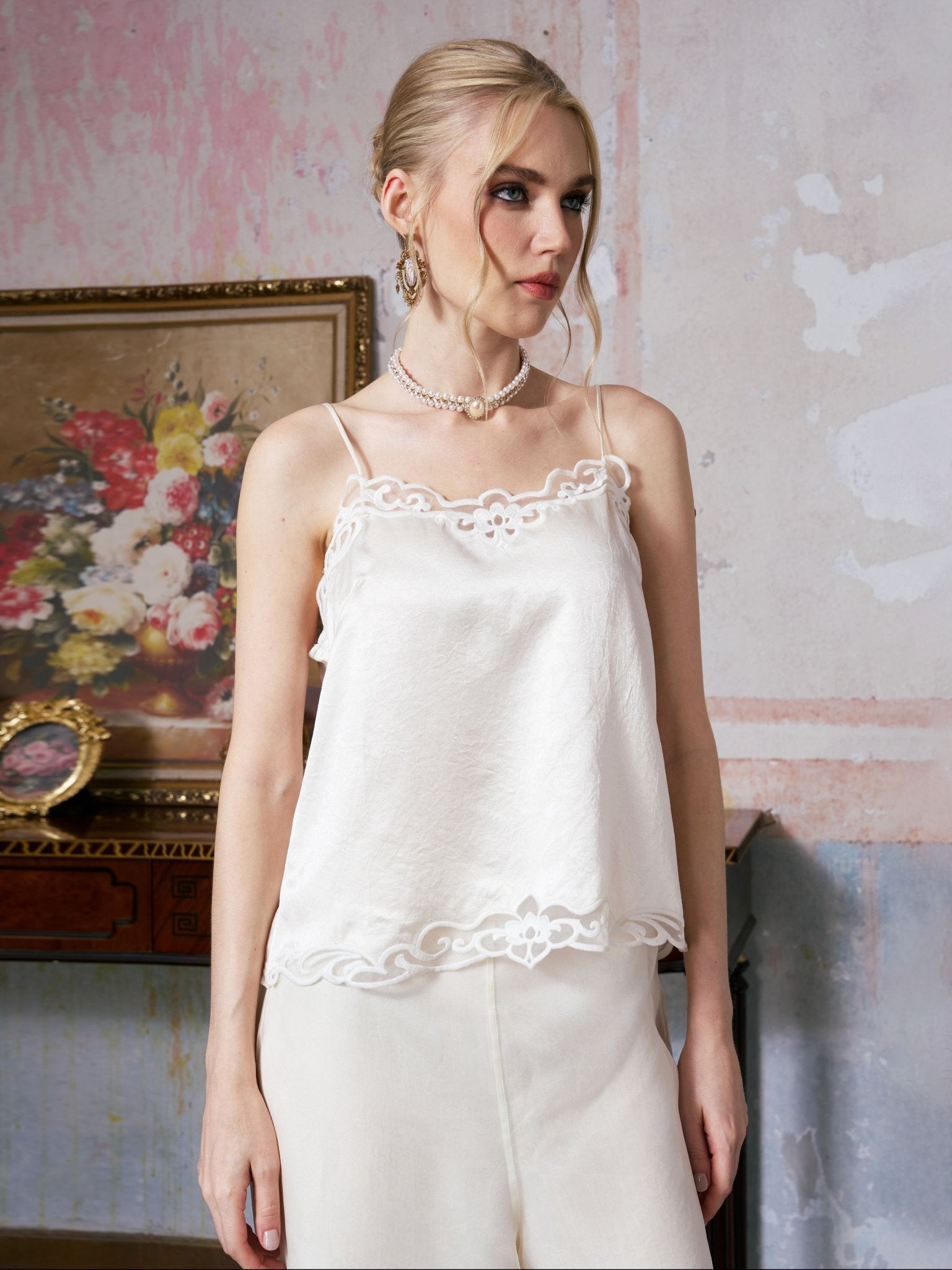 Embroidered Trim Satin Cami Top - Social Queen