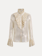 The Social Queen Ethereal Metallic Ruffle Silk Blouse features gold threads, a ruffled high collar, asymmetric front ruffle, and ruffled cuffs, shown on a plain white background.