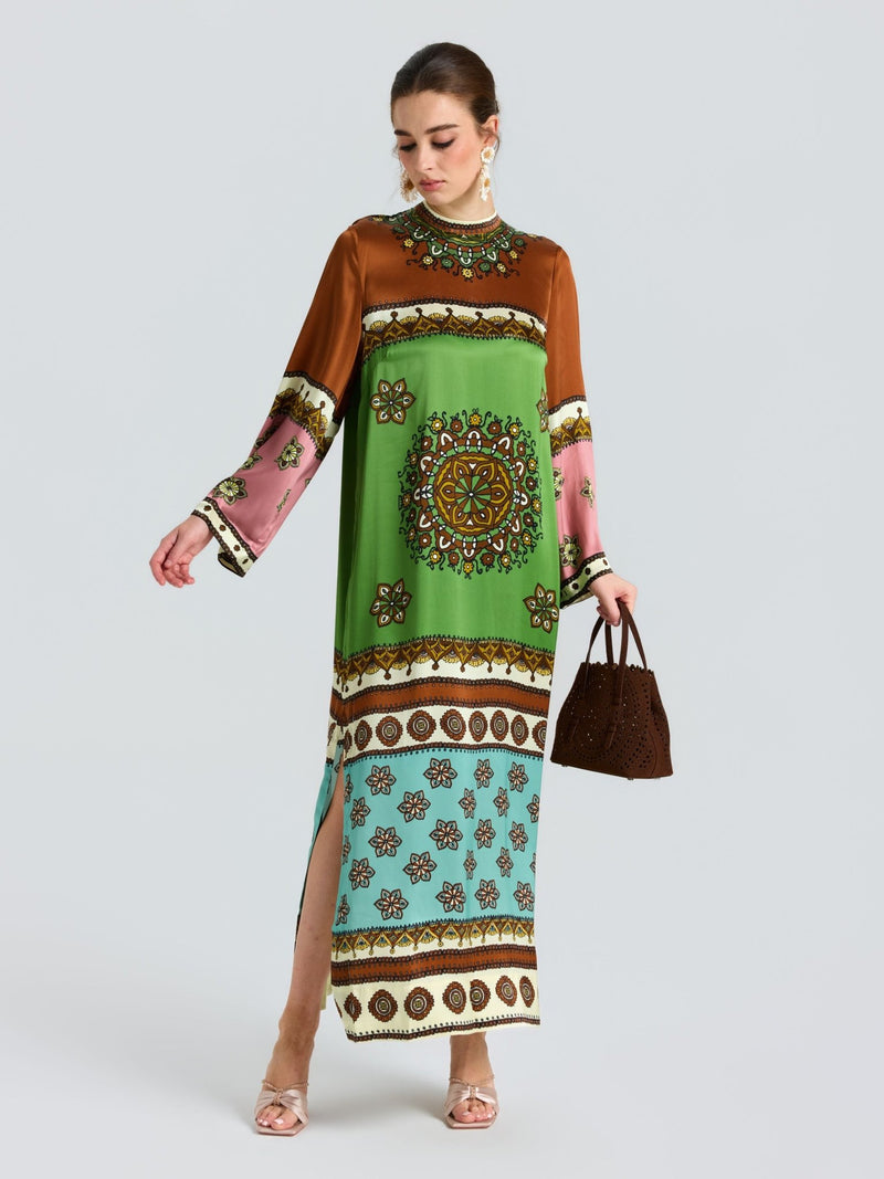 Exotic Placed Print Silk Slit Dress - Social Queen