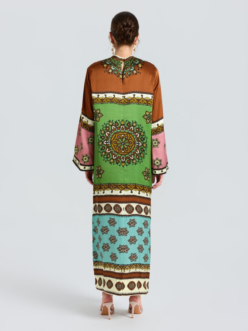 Exotic Placed Print Silk Slit Dress - Social Queen