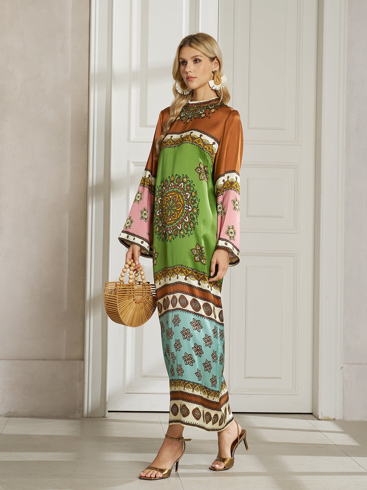 Exotic Placed Print Silk Slit Dress - Social Queen