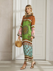 Exotic Placed Print Silk Slit Dress - Social Queen