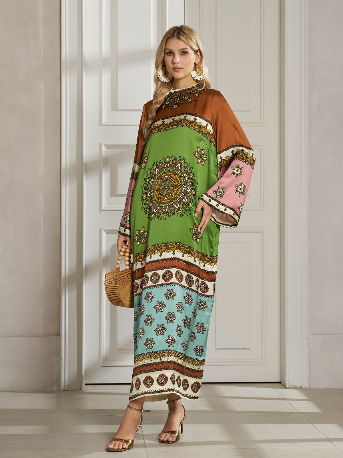 Exotic Placed Print Silk Slit Dress - Social Queen