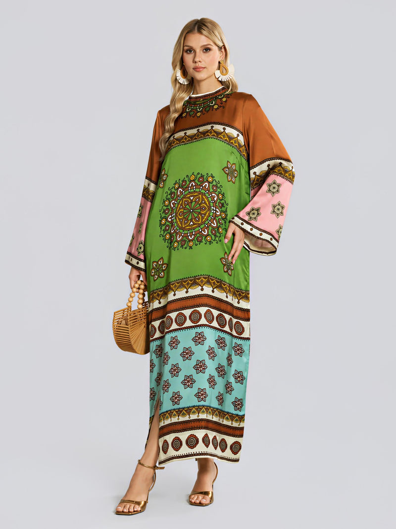 Exotic Placed Print Silk Slit Dress - Social Queen