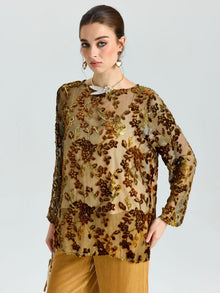 Flocked Floral Silk Sheer Top (Camisole Not Included) - Social Queen