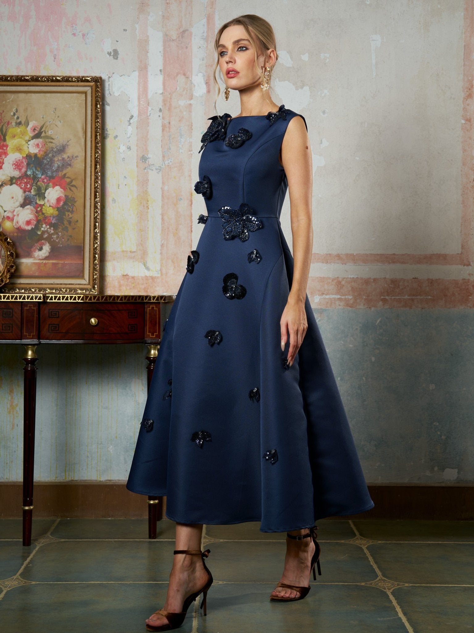 Floral Appliqué Satin Dress - Social Queen