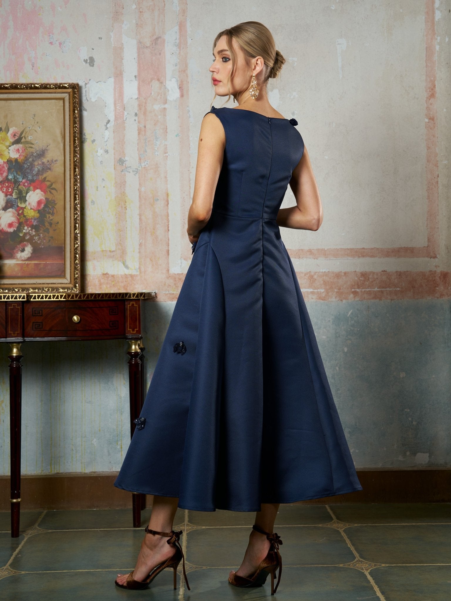 Floral Appliqué Satin Dress - Social Queen
