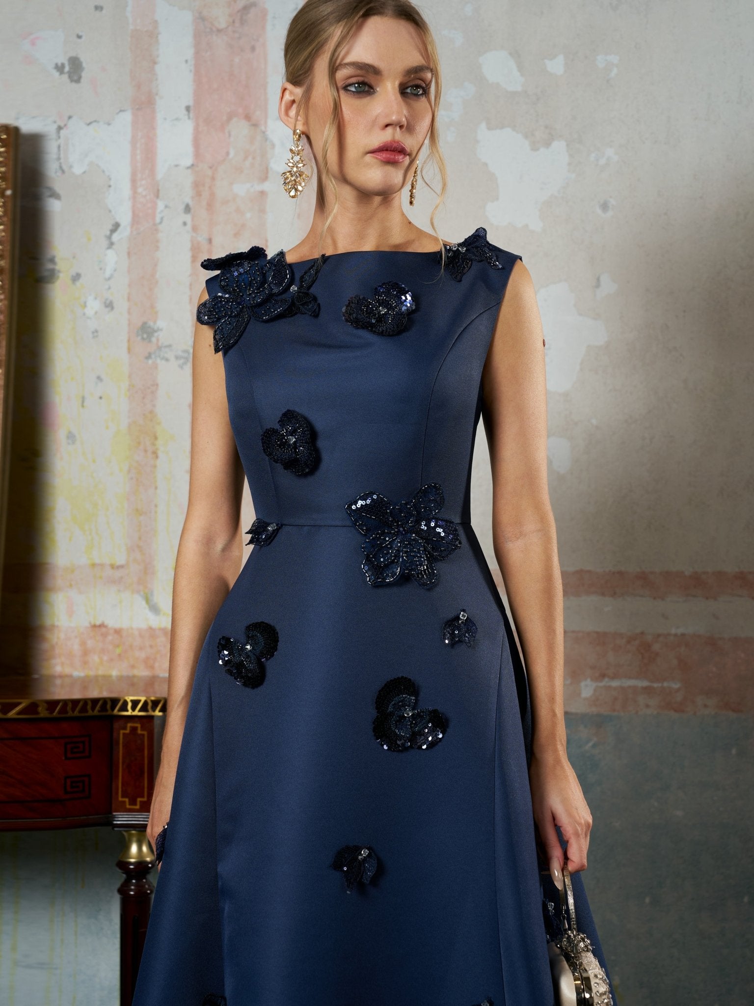 Floral Appliqué Satin Dress - Social Queen