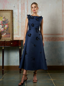 Floral Appliqué Satin Dress - Social Queen