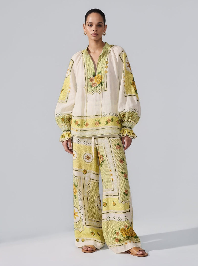 Floral Art Print Ramie Wide-Leg Pants - Social Queen