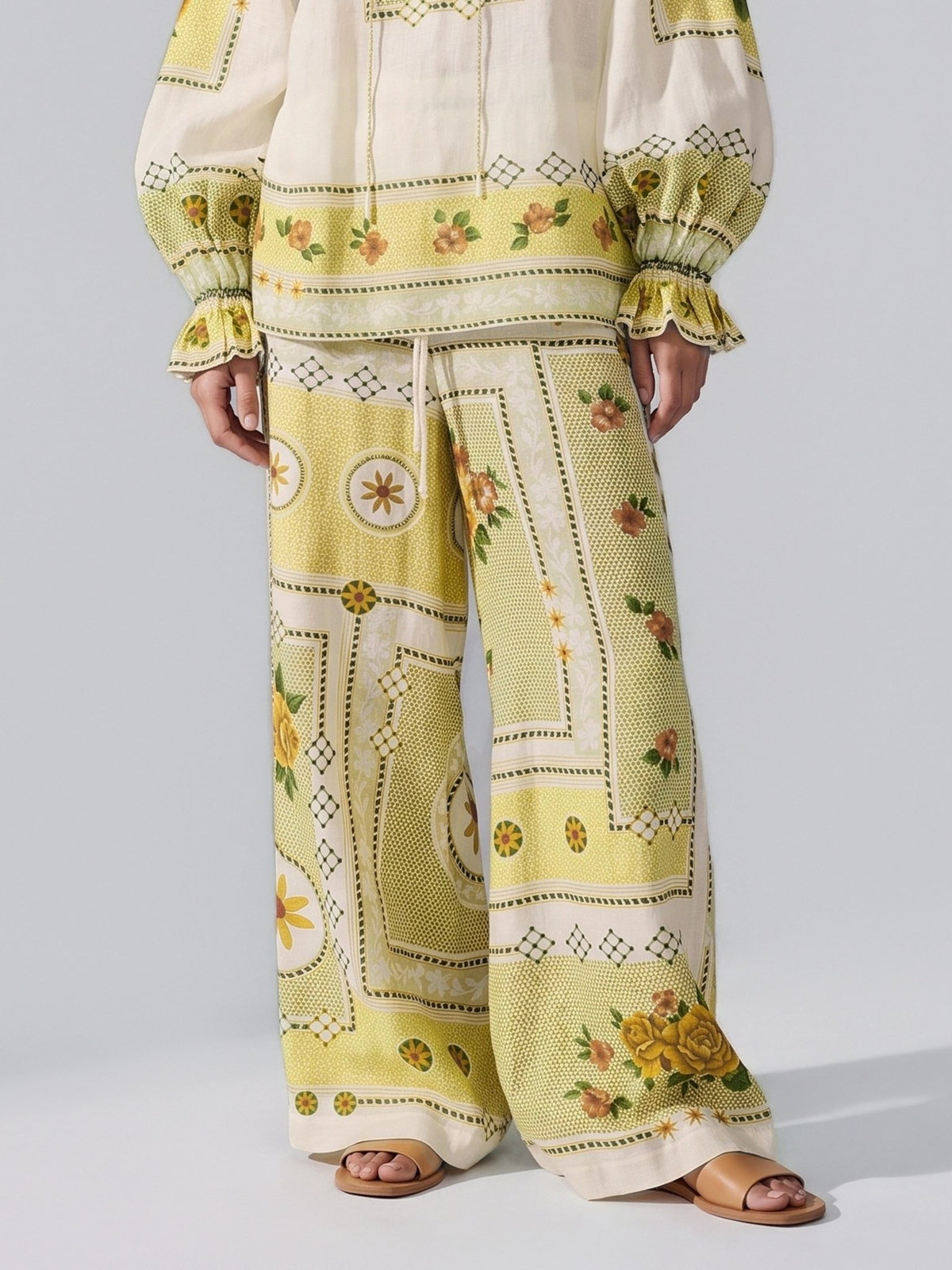 Floral Art Print Ramie Wide-Leg Pants - Social Queen
