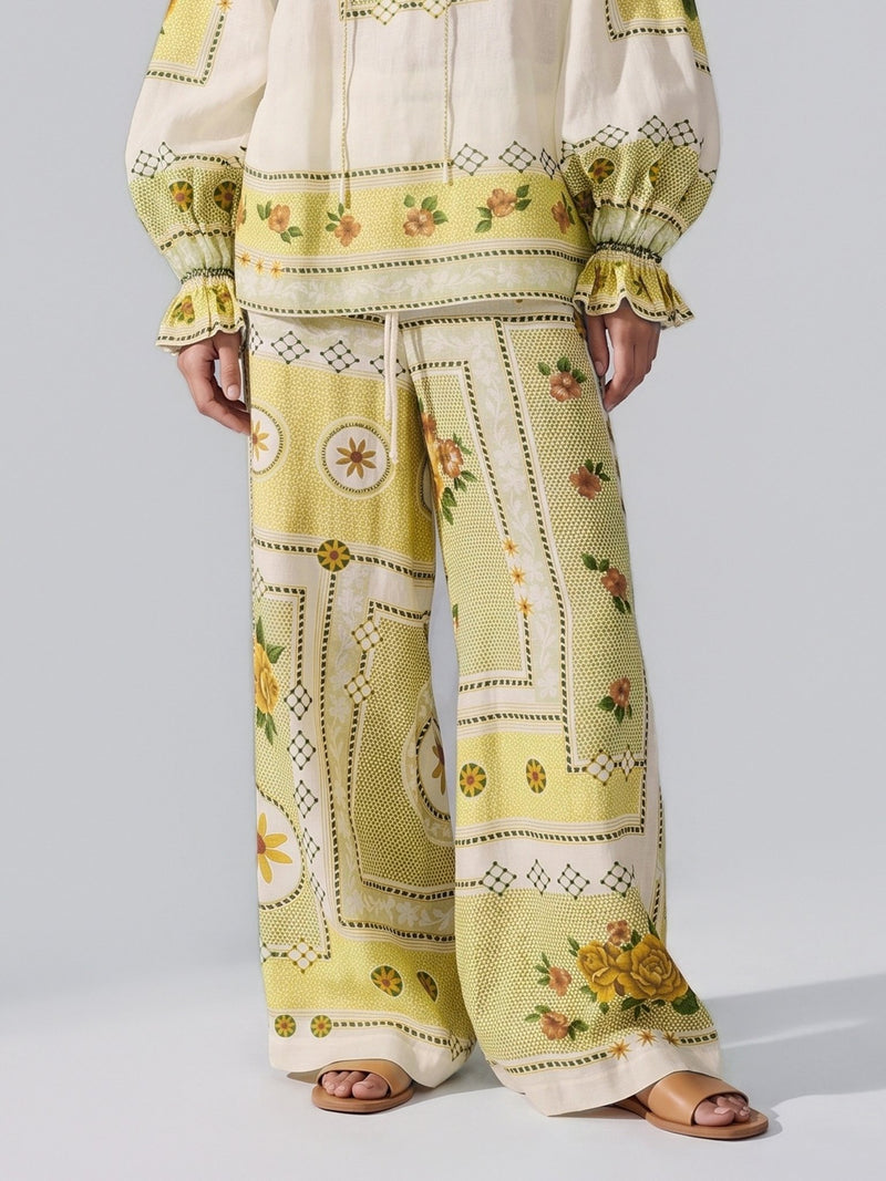 Floral Art Print Ramie Wide-Leg Pants - Social Queen