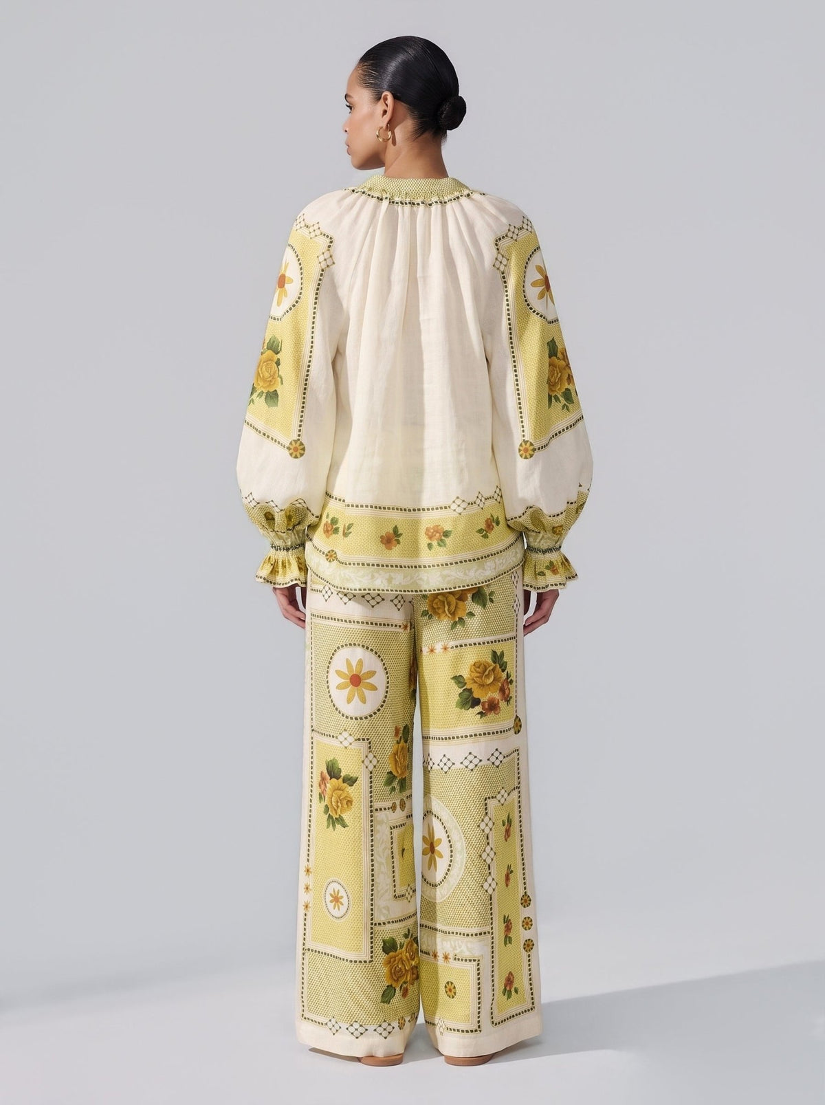 Floral Art Print Ramie Wide-Leg Pants - Social Queen