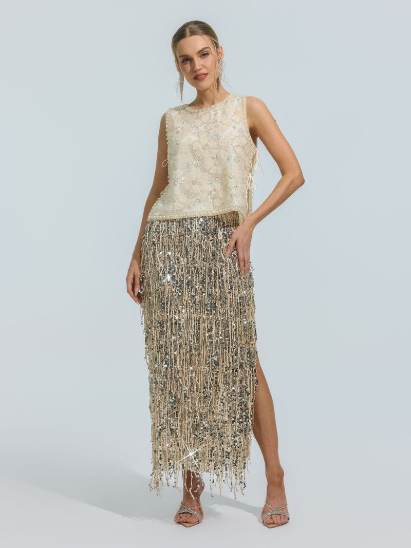Floral Beaded Mesh Sleeveless Top - Social Queen