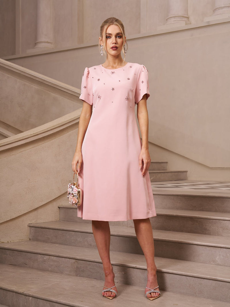 Floral Beaded Puff Sleeve Dress - Social Queen