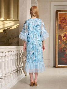 Floral Beaded Silk Dress with Ruffle Accents - Social Queen