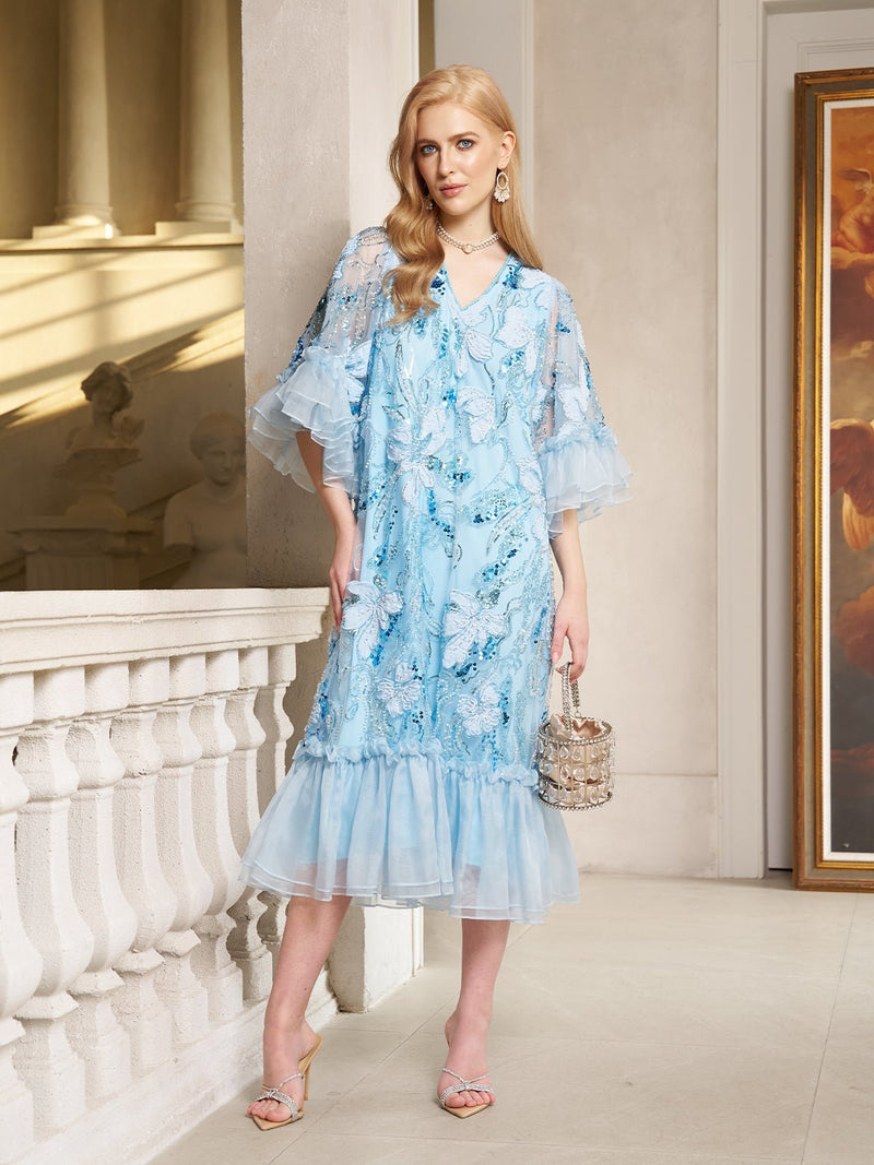 Floral Beaded Silk Dress with Ruffle Accents - Social Queen