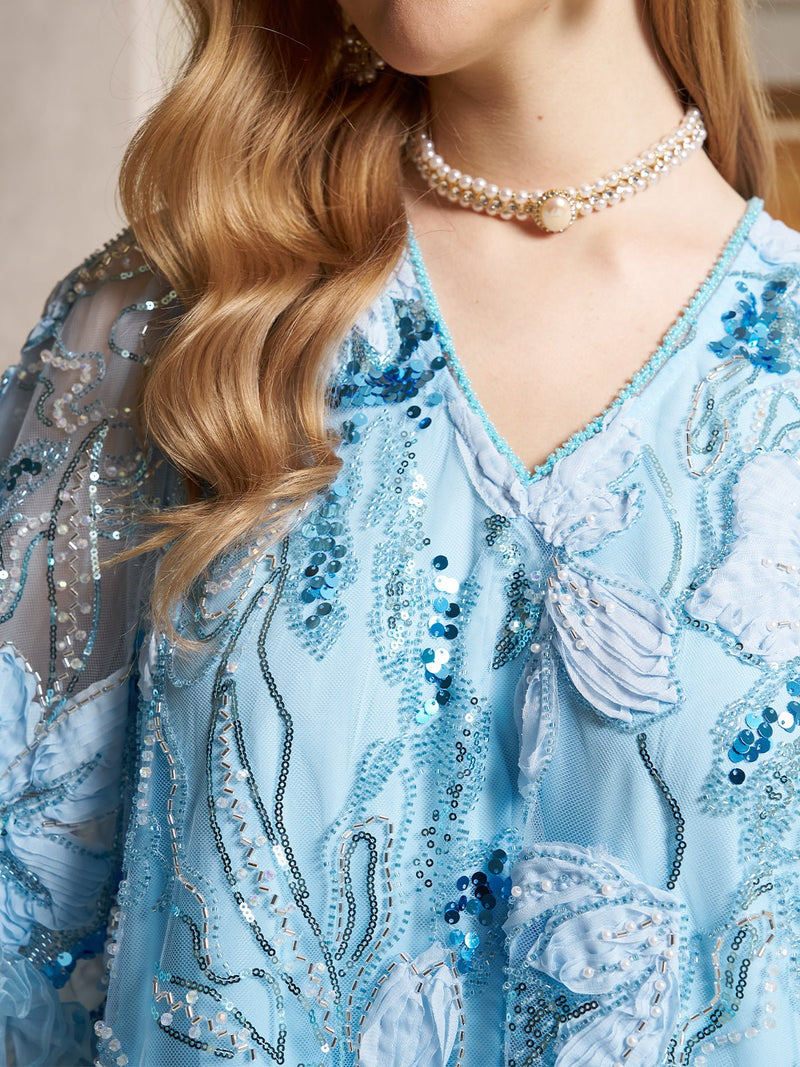 Floral Beaded Silk Dress with Ruffle Accents - Social Queen