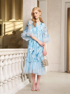 Floral Beaded Silk Dress with Ruffle Accents - Social Queen