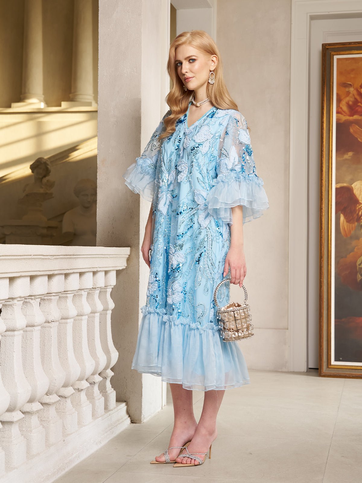Floral Beaded Silk Dress with Ruffle Accents - Social Queen
