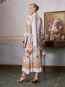 Floral Bird Print Silk Dress with Scarf - Social Queen