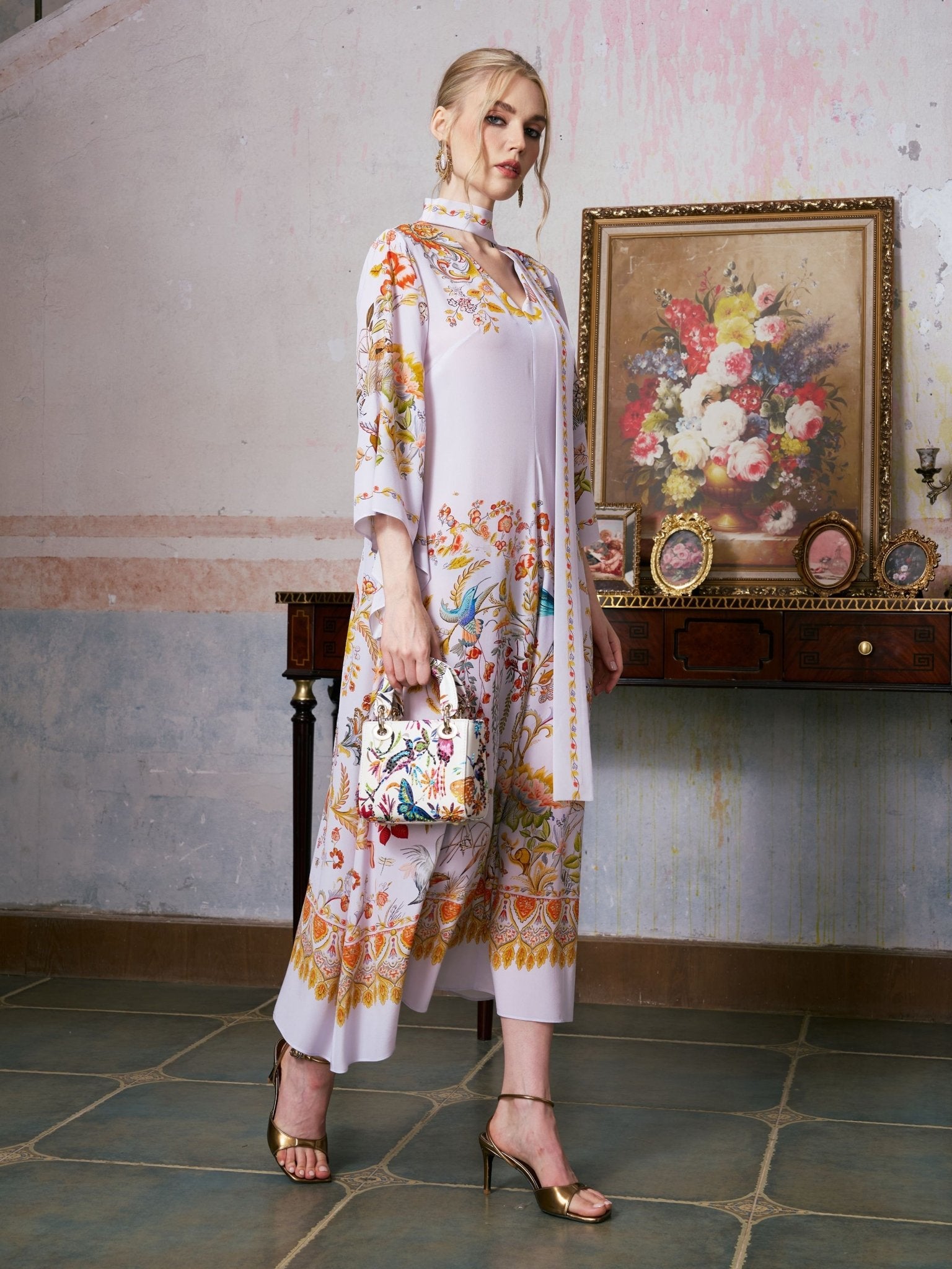 Floral Bird Print Silk Dress with Scarf - Social Queen