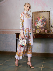 Floral Bird Print Silk Dress with Scarf - Social Queen