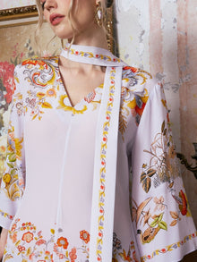 Floral Bird Print Silk Dress with Scarf - Social Queen
