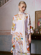 Floral Bird Print Silk Dress with Scarf - Social Queen