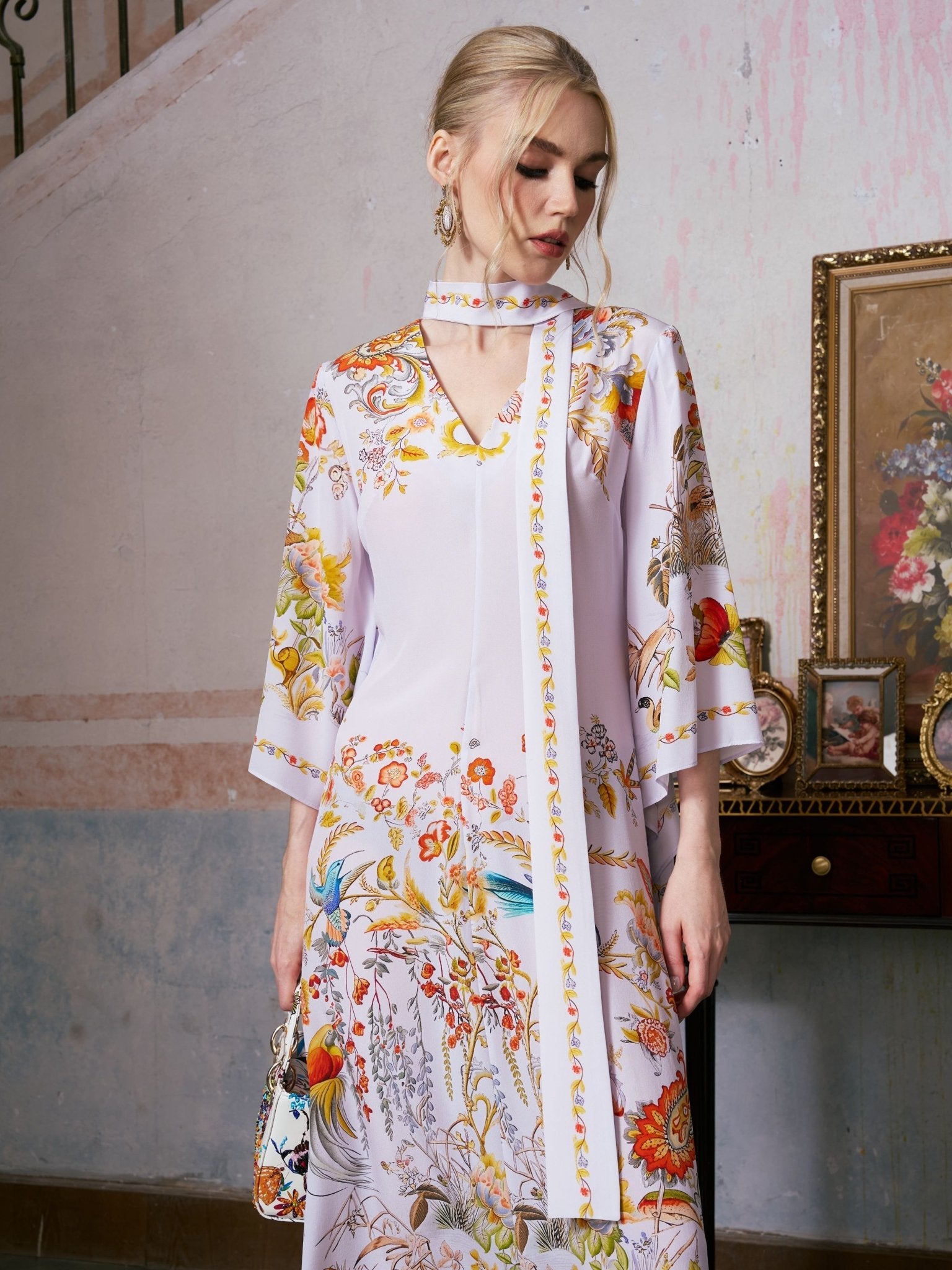 Floral Bird Print Silk Dress with Scarf - Social Queen