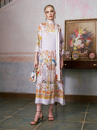 Floral Bird Print Silk Dress with Scarf - Social Queen