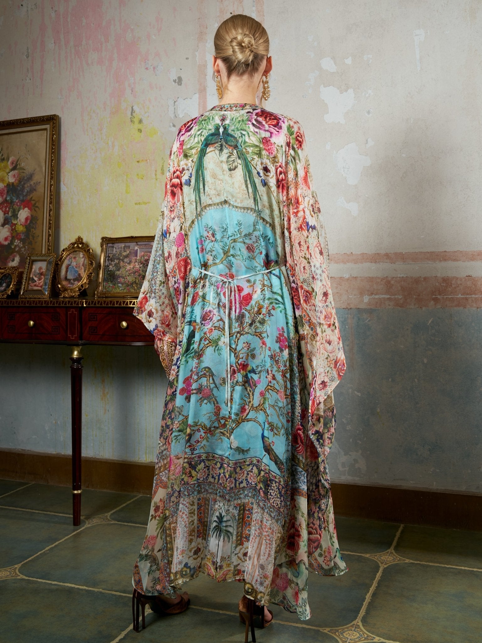 Floral Bird Silk Caftan Dress - Social Queen