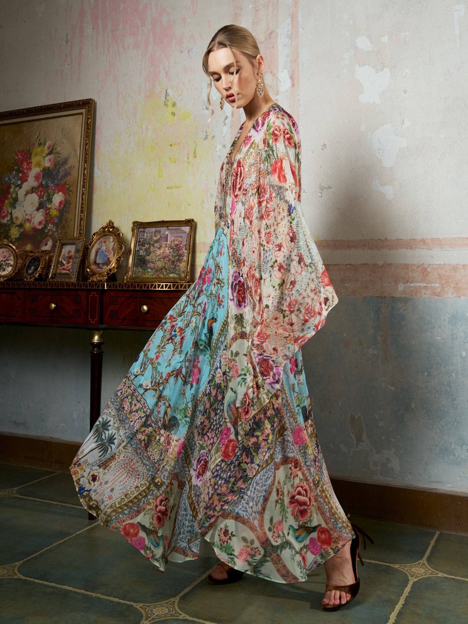 Floral Bird Silk Caftan Dress - Social Queen