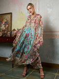 Floral Bird Silk Caftan Dress - Social Queen