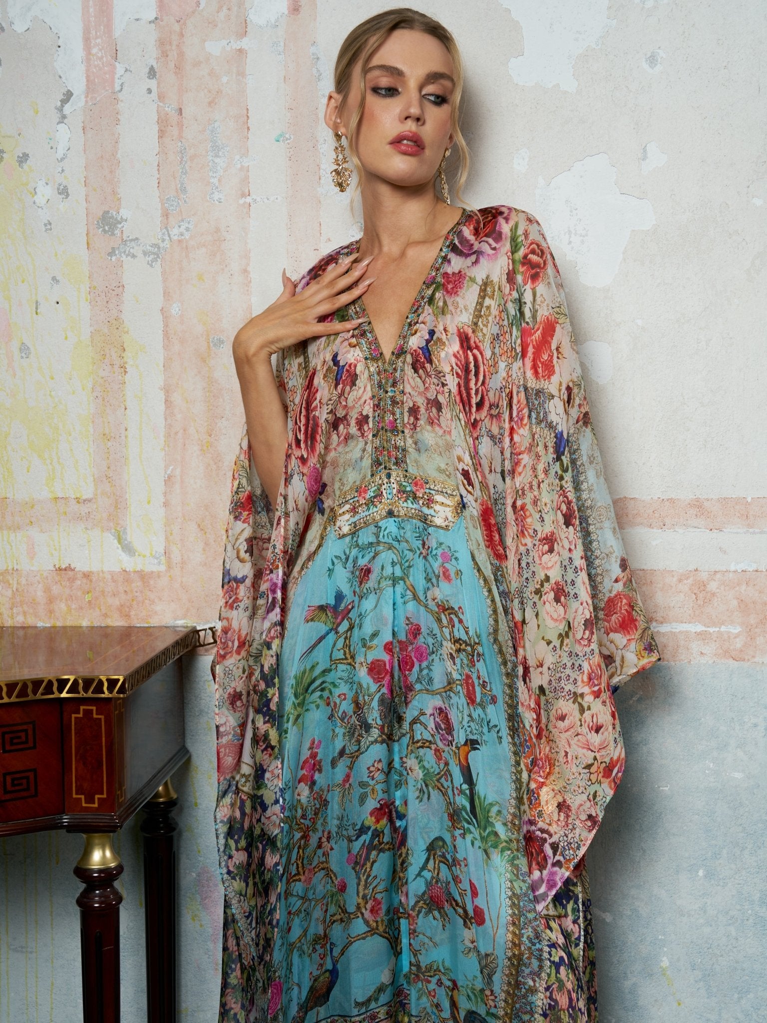 Floral Bird Silk Caftan Dress - Social Queen