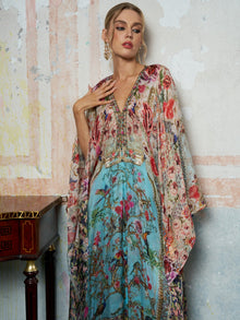 Floral Bird Silk Caftan Dress - Social Queen