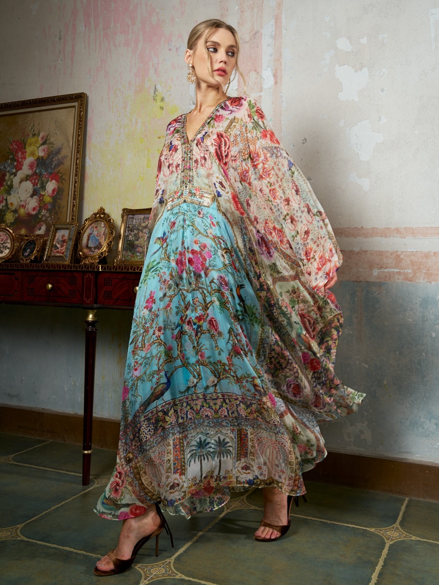Floral Bird Silk Caftan Dress - Social Queen