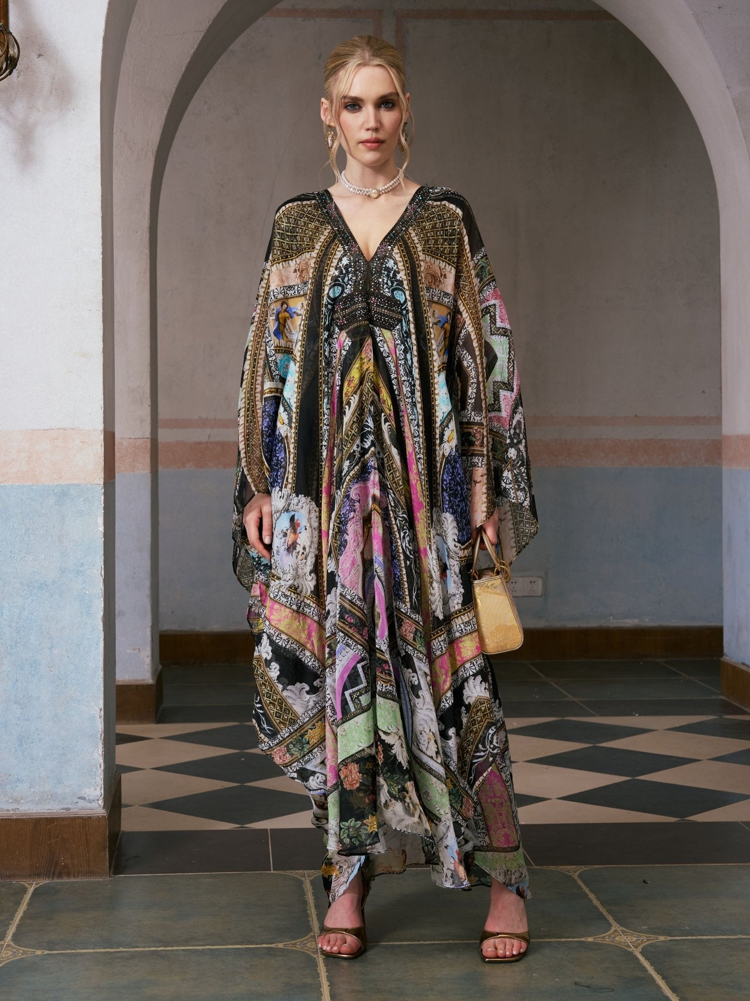 Floral Bird Silk Caftan Dress - Social Queen