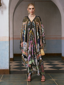 Floral Bird Silk Caftan Dress - Social Queen