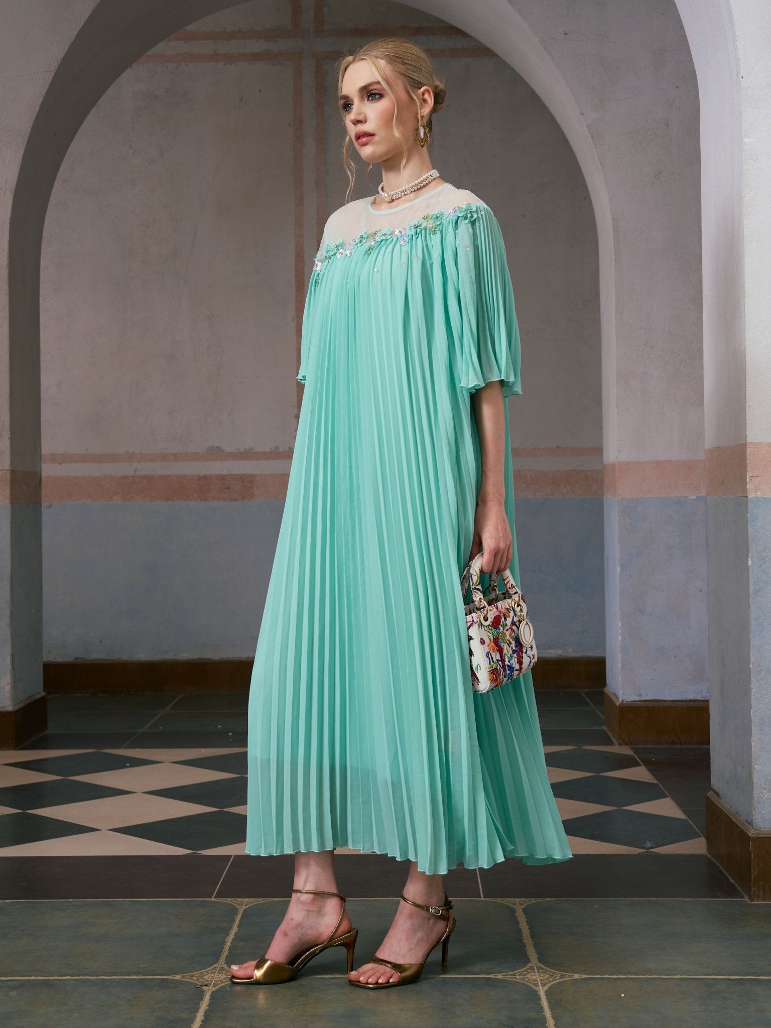 Floral Embellishment Pleated Dress - Social Queen